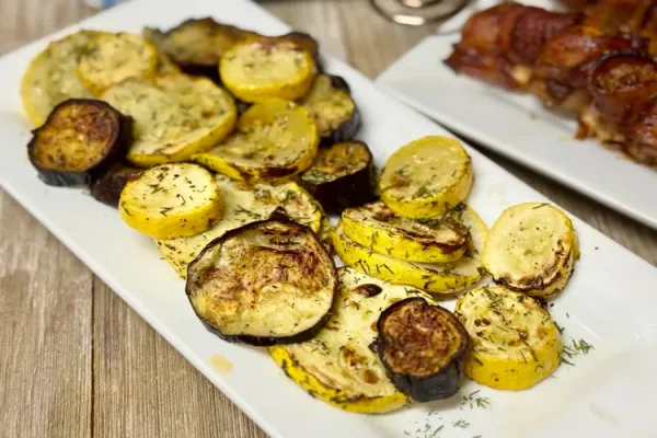 Air Fryer Dilly Roasted Japanese Eggplant and Squash