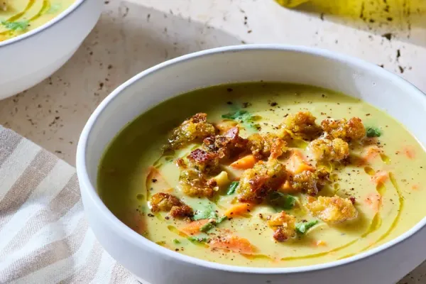 Slow Cooker Curried Thanksgiving Soup with Stuffing Croutons