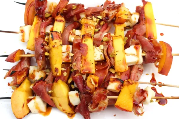 Grilled Peach, Halloumi, and Prosciutto Skewers